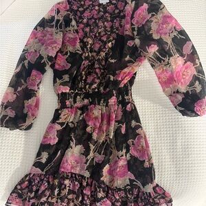 Misa Los Angeles Black Floral Smocked Waist Dress with Pink Blooms